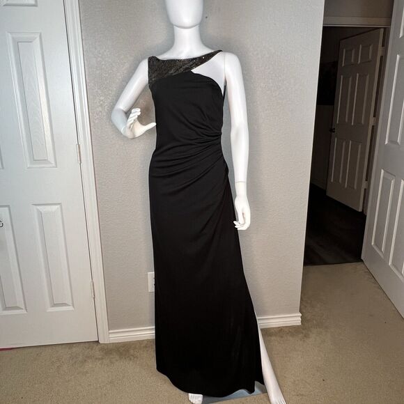 BCBGMAXAZRIA Size M Gown Asymmetric Neck Side Slit Black Open Back Gold Sequin - Picture 2 of 9